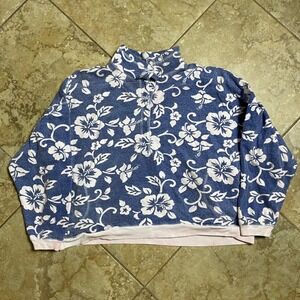 Out From Under Pullover Sweatshirt Medium Blue‎ White Floral Quarter Zip Sweater